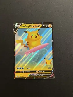 2021 POKEMON 25TH ANNIVERSARY CELEBRATIONS HOLO FULL ART SURFING PIKACHU NM - Image 1
