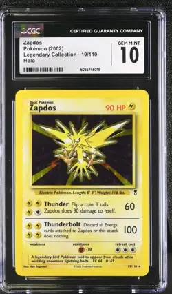CGC 10 Pokemon Zapdos 2002 Legendary Collection Reverse Holo Holo Card 19/110 - Image 1