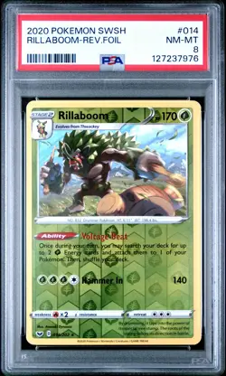 2020 POKEMON SWORD & SHIELD #014 RILLABOOM-REVERSE FOIL PSA 8 - Image 1