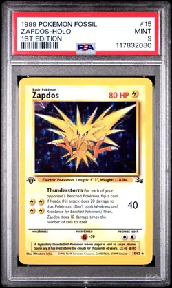 Pokemon Zapdos Fossil 1st Edition Holo Rare #15 PSA 9 Mint - Image 1