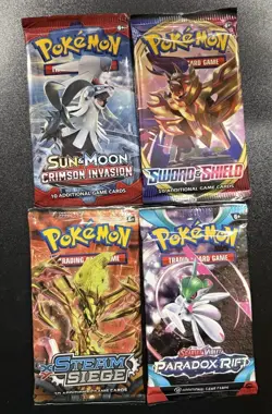 Pokemon Booster Pack Lot Of 4 Sealed, Steam Siege, Crimson Invasion, Sun & Moon, - Image 1