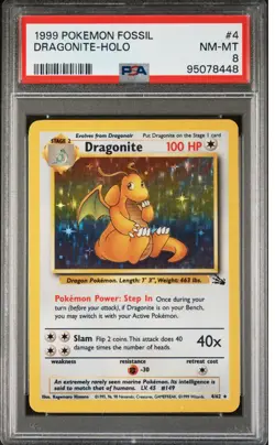 1999 Pokemon Fossil Dragonite 4/62 Holo Rare Unlimited PSA 8 - Image 1