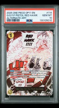 2025 ONE PIECE TCG GUM-GUM FIRE FIST PISTOL RED HAWK OP11-114 Eng ALT ART PSA 10 - Image 1