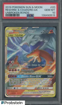 2019 Pokemon Sun & Moon Unbroken Bonds #20 Reshiram & Charizard PSA 10 - Image 1