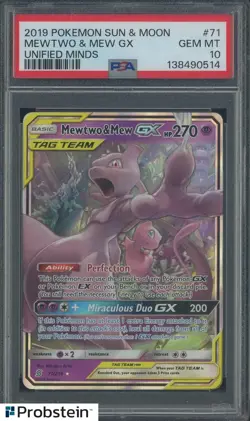 2019 Pokemon Sun & Moon Unified Minds #71 Mewtwo & Mew GX PSA 10 - Image 1