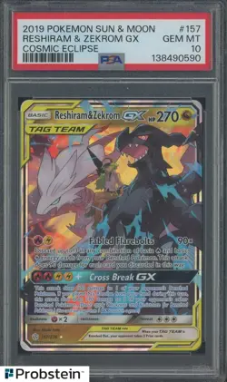 2019 Pokemon Sun & Moon Cosmic Eclipse #157 Reshiram & Zekrom EX PSA 10 - Image 1