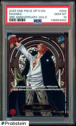 2025 One Piece OP13 En 3rd Anniversary Gold #004 Shanks PSA 10 GEM MINT - Image 1