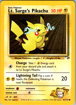 Lt. Surge's Pikachu 81/132 Common WOTC Gym Heroes Pokemon - Image 1
