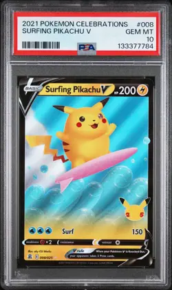 2021 POKEMON CELEBRATIONS #008 SURFING PIKACHU V PSA 10 - Image 1