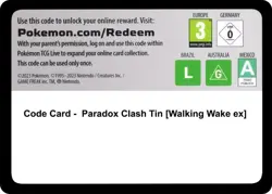Pokemon TCG Live Code Card – Paradox Clash Tin Walking Wake ex –Digital Delivery - Image 1