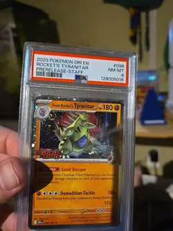 2025 POKEMON DESTINED RIVALS PRERELEASE-STAFF #096 TEAM ROCKET'S TYRANITAR PSA 8 - Image 4