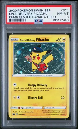 2020 POKEMON SWSH BLACK STAR PROMO #074 SPECIAL DELIVERY PIKACHU-HOLO PSA 8 - Image 1