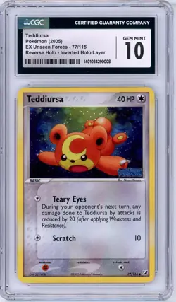 Pokemon Teddiursa #77 EX Unseen Forces Reverse Holo CGC 10 Gem Mint - Image 1