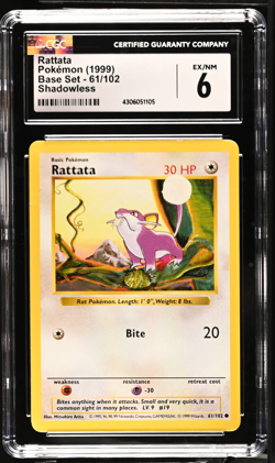 1999 Pokemon Base Set Shadowless Rattata 61/102 CGC 6 Ex/NM - Image 1