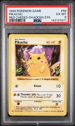 Pikachu 58/102 Red Cheeks Shadowless Base Set WOTC 1999 Pokemon Game PSA 6 - Image 1