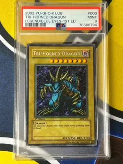 Tri-Horned Dragon LOB-000 Secret Rare 1st Edition Wavy Fade PSA 9 MINT Yugioh - Image 1