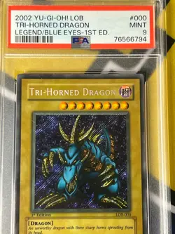 Tri-Horned Dragon LOB-000 Secret Rare 1st Edition Wavy Fade PSA 9 MINT Yugioh - Image 3