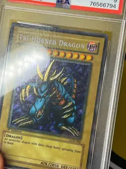 Tri-Horned Dragon LOB-000 Secret Rare 1st Edition Wavy Fade PSA 9 MINT Yugioh - Image 5