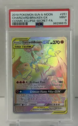 Pokemon PSA 9 Charizard & Braixen GX 251/236 Cosmic Eclipse Rainbow Secret Rare - Image 1