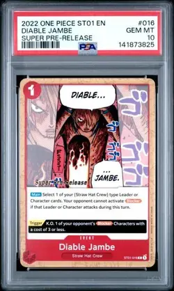 2022 ONE PIECE SUPER PRE RELEASE ST01-016 DIABLE JAMBE PSA 10 GEM MINT - Image 1