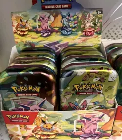 EMPTY Pokemon Prismatic Evolutions Mini Tin Display – W/ Coins & Display Cards - Image 1