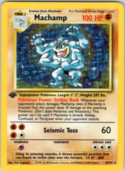 Pokemon TCG: 1999 Machamp 8/102 Base Set 1st Edition Holo Rare - Image 1