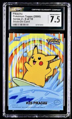 Pokemon 2000 Topps Surfing Pikachu Stick On Card 8 Of 10 Series 2 CGC 7.5 NM + - Image 1