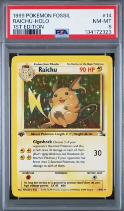 1999 POKEMON FOSSIL 1ST EDITION #14/62 RAICHU- HOLO PSA 8 NM MINT **VINTAGE** - Image 1