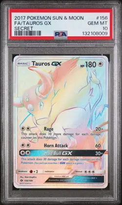 2017 Pokemon Sun & Moon Tauros GX #156 Full Art Secret Rare Holo PSA 10 GEM MT - Image 1