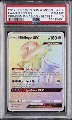 2017 POKEMON SUN & MOON CRIMSON INVASION SECRET #114 FULL ART/NIHILEGO GX PSA 10 - Image 1