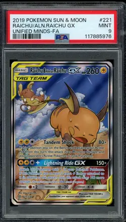 Pokemon PSA 9 Raichu & Alolan Raichu GX 221/236 Unified Minds Full Art Rare Mint - Image 1