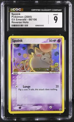 CGC 9 MINT Spoink 2005 EX Emerald 66/106 Reverse Holo Stamped Pokemon Card - Image 1