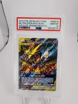 2019 POKEMON HIDDEN FATES ETB PROMO FULL ART/MOLTRES ZAPDOS ARTICUNO GX PSA 10 - Image 1