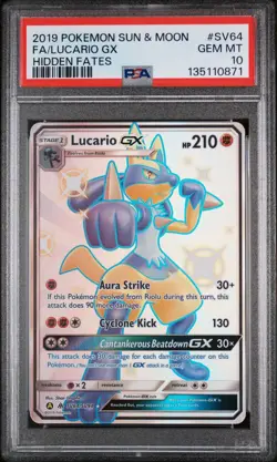 2019 POKEMON SUN & MOON HIDDEN FATES #SV64 FULL ART/LUCARIO GX PSA 10 - Image 1