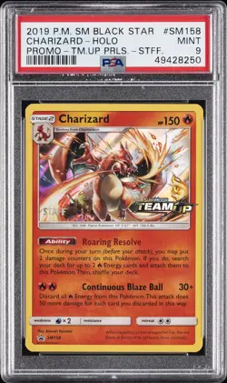 2019 POKEMON SM BLACK STAR PROMO TEAM UP PRERELEASE-STAFF CHARIZARD-HOLO PSA 9 - Image 1