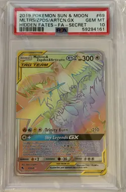Pokemon PSA 10 Hidden Fates Hyper Rare Moltres & Zapdos & Articuno GX 69/68 - Image 1