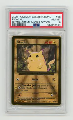 Pikachu Gold Metal PSA 8 NM-MT 2021 Pokemon Celebrations Ultra-Premium #58/102 - Image 1