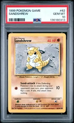 1999 Pokemon Sandshrew Base Set Unlimited #62 PSA 10 Gem Mint - Image 1