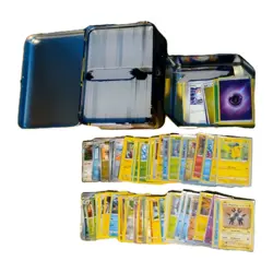 Huge Collection Bulk Lot of 600+ Pokemon Cards Vintage 2 tins Yard sale find - Image 1