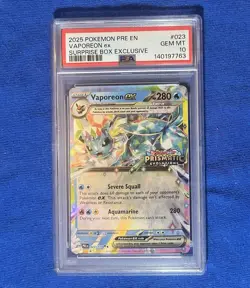 2025 Pokemon Pre En Prismatic Evolution Surprise Box Exclusive Vaporeon PSA 10 - Image 1