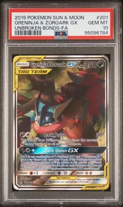 2019 Pokemon SM Unbroken Bonds Greninja & Zoroark GX #201 Full Alt Art PSA 10 - Image 1