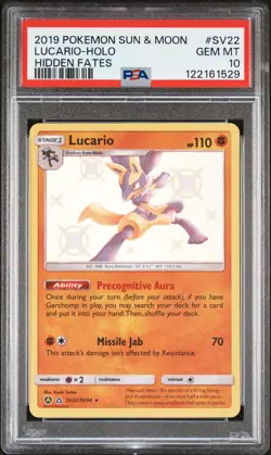 2019 POKEMON SUN & MOON HIDDEN FATES #SV22 LUCARIO-HOLO PSA 10 - Image 1