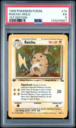 Pokemon TCG Raichu 14/62 Holo Fossil 1st Edition PSA 5 - Image 1