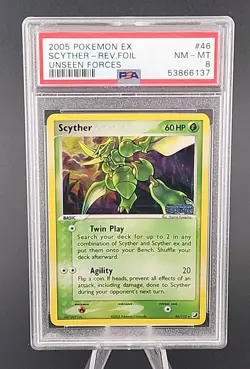 PSA 8 NM-MT 2005 POKEMON EX UNSEEN FORCES #46 Scyther REVERSE HOLO FOIL - Image 1