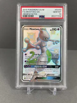 2019 Pokemon Hidden Fates Mewtwo GX #SV59 Full Art PSA 10 - Image 1
