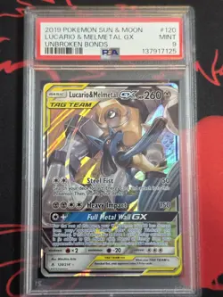 POKEMON CARD SUN & MOON UNBROKEN BONDS LUCARIO & MELMETAL GX PSA 9 TAG TEAM - Image 1