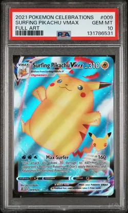 2021 POKEMON CELEBRATIONS #009 FULL ART/SURFING PIKACHU VMAX PSA 10 - Image 1