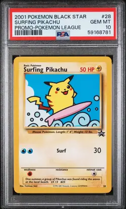 2001 POKEMON PROMO BLACK STAR POKEMON LEAGUE #28 SURFING PIKACHU PSA 10 - Image 1