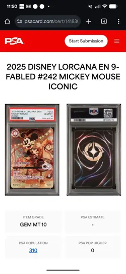 2025 DISNEY LORCANA EN 9-FABLED ICONIC MICKEY MOUSE BRAVE LITTLE PRINCE PSA 10 - Image 5