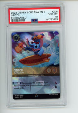 2023 Disney Lorcana Stitch Carefree Surfer 206/204 EN 1 Enchanted PSA 10 GEM - Image 1